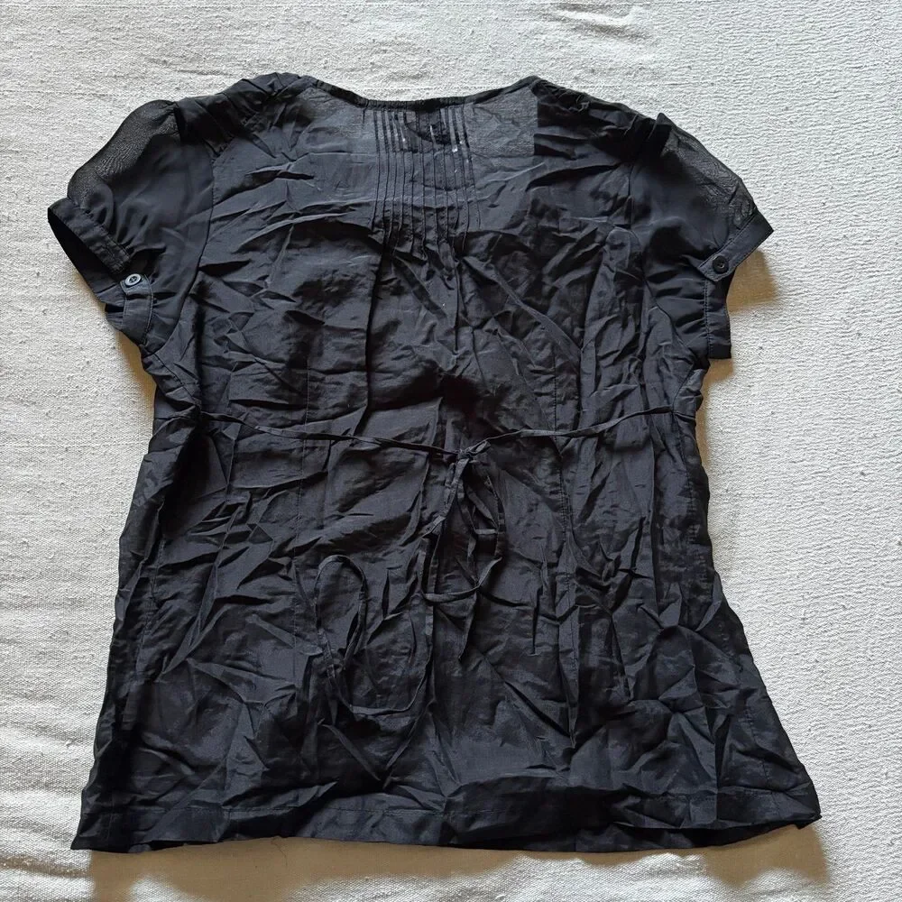 Y2K Silk Blend Black Ruffled Short Sleeve Button-Up